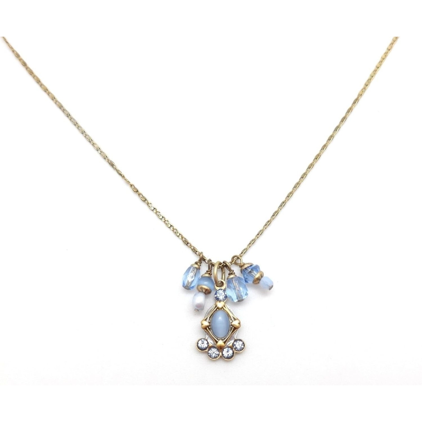 Michal Golan Sky Blue Crystal & Pearl Art Deco Goldtone Charms Necklace Nwt